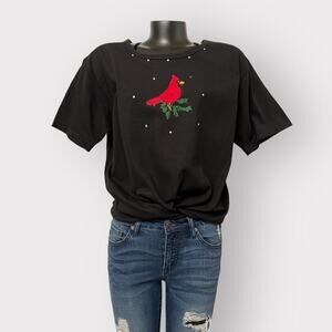 American VTG Christmas Cardinals T-Shirt sz L Womens Casual Tee Bird Bling Black
